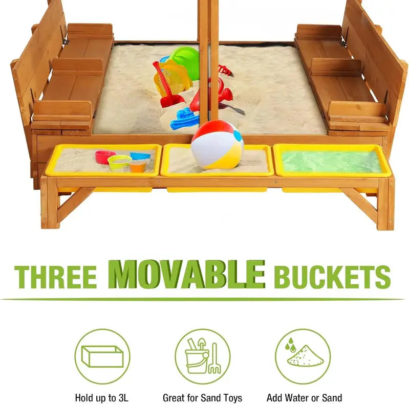 Wooden Outdoor Sandbox with Canopy – 47″×47″ Sand Play Center Featuring Retractable Roof & Foldable Benches