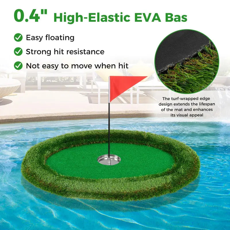 Oval Floating Pool Golf Green – Chipping Mat Kit with Hitting Surface, Balls, Flag & Tee (37.5″ x 25.5″)