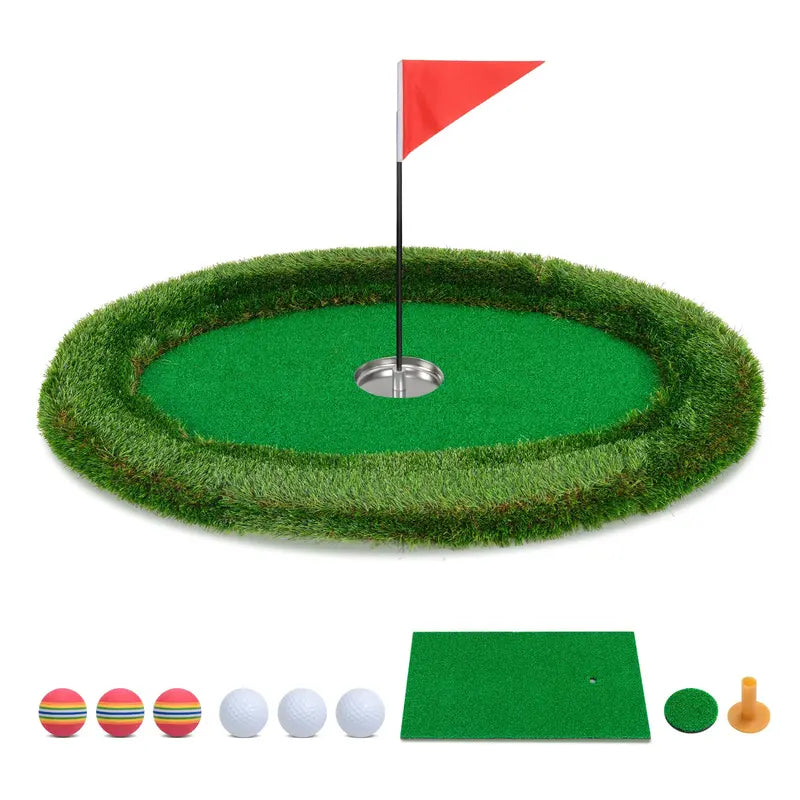 Oval Floating Pool Golf Green – Chipping Mat Kit with Hitting Surface, Balls, Flag & Tee (37.5″ x 25.5″)