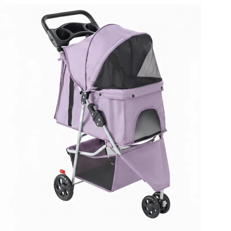 Ventilated Pet Stroller for Dogs & Cats with Mesh Canopy, Storage Basket, and Travel Accessories