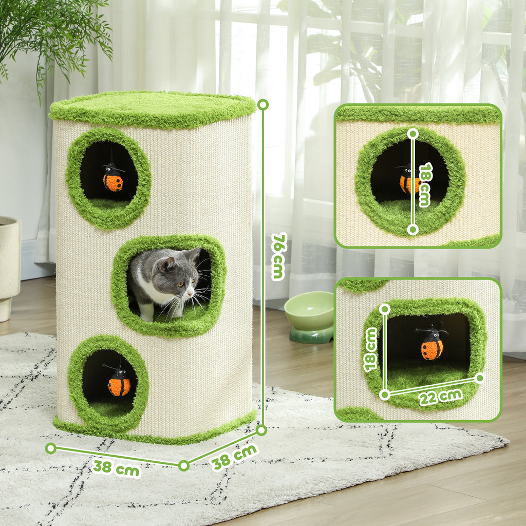 PawHut Kratzturm, 76 cm, Katzenhöhlen mit Plüsch, Kratzfläche, Spielzeug, Grün/Cremeweiß