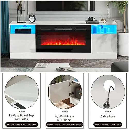 Oneinmil Fireplace TV Stand – 36-Inch Electric Fireplace Entertainment Center in White Wood Finish