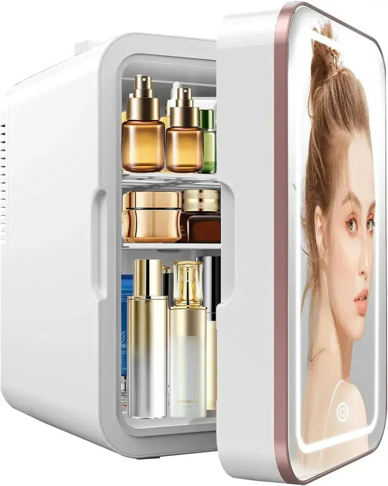 Skincare Mini Fridge – 6L Portable Beauty Cooler with Dimmable LED Mirror & 10-Can Capacity