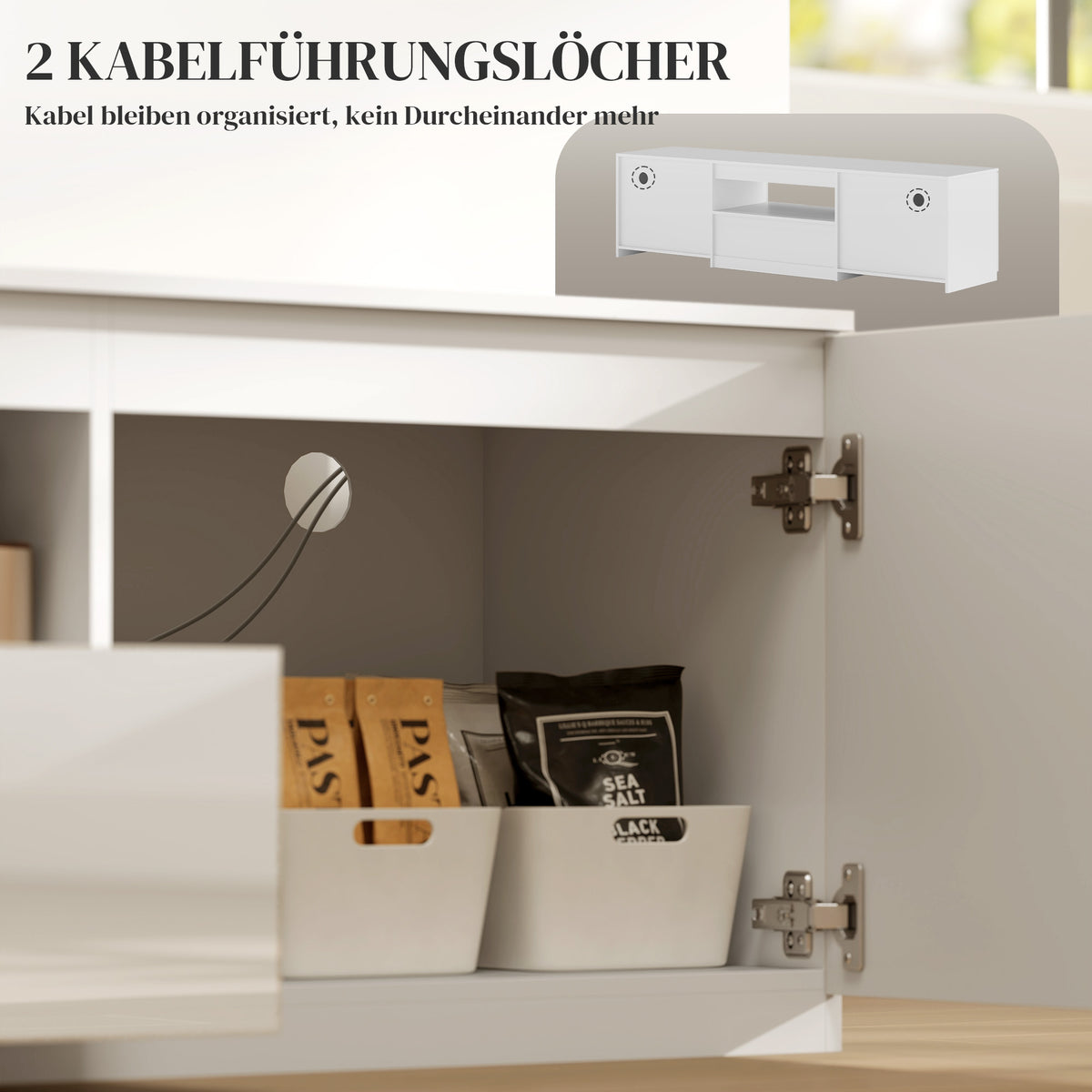 HOMCOM TV-Lowboard, Hochglanz, für Fernseher bis 65'', 3 Fächer, Schublade, 160 x 38 x 43 cm, Weiß