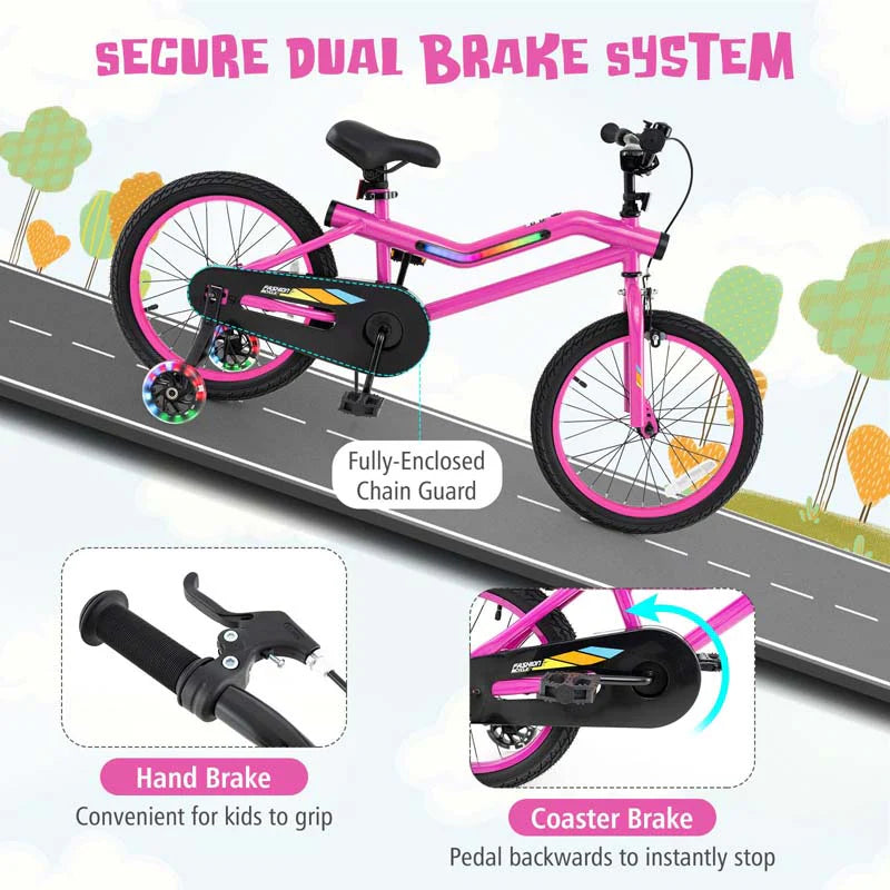 16/18 Inch LED Lighted Kids Bike with Training Wheels, Headlight, Adjustable Seat & Dual Brakes, Children Bicycle for Ages 4-8 Years