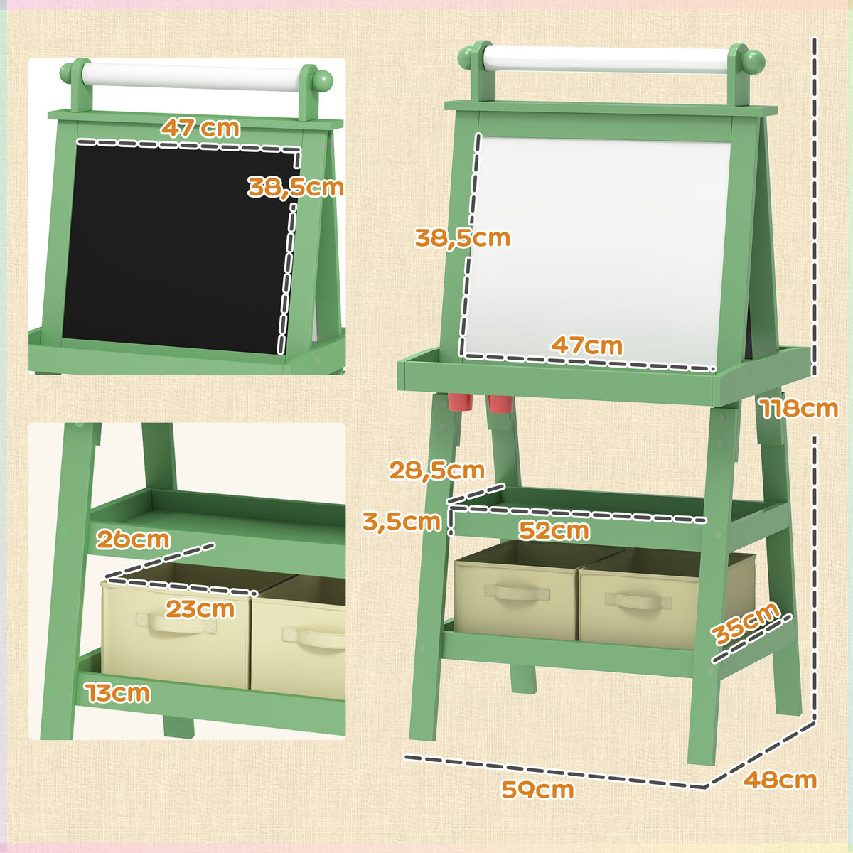 AIYAPLAY Kinder-Malereiständer 3-in-1 mit magnetischer weißer Tafel, Kreidetafel, Papierrolle, 2 Körben, 3-6 Jahre, grün