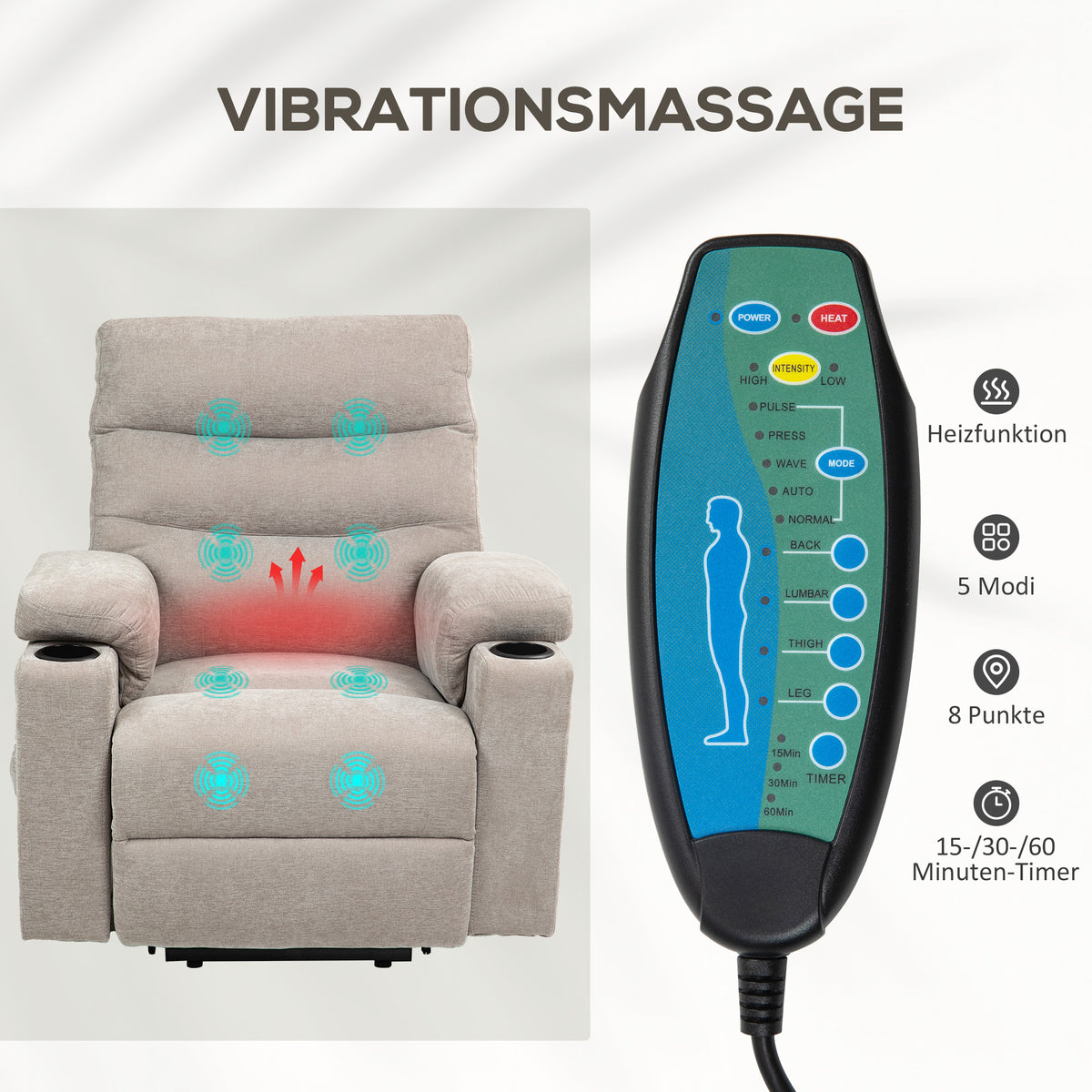 HOMCOM Massagesessel mit Aufstehfunktion, 8 Vibrationsmassagepunkte, Elektrischer Polstersessel mit 2 Fernbedienungen Hellbraun