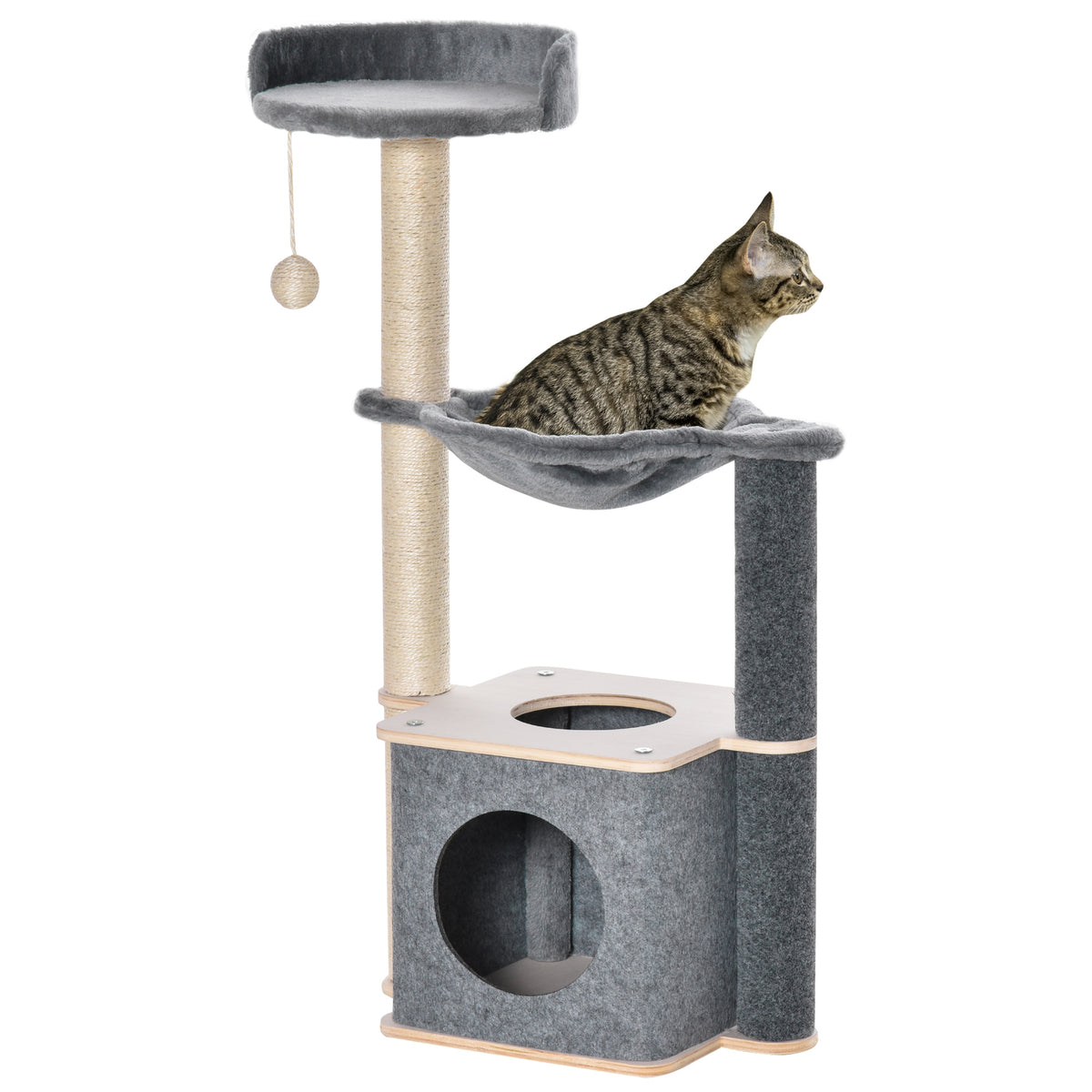 PawHut Kratzbaum für Katzen Hoch 95cm, Katzenbaum mit Mehreren Ebenen, Höhle, Hängematte, Spielball, Haus und Sisalseilen, 48x34x95cm, Grau