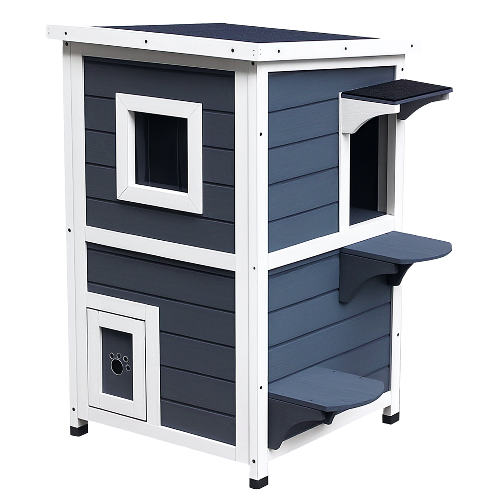 PawHut Katzenhaus aus Holz 2 Etagen Winterfest wasserdicht Katzenhütte mit Asphaltdach Treppen Fenster Katzenhöhle Outdoor Schutzhütte für Draußen Garten Balkon 51 x 51 x 81,3 cm Grau
