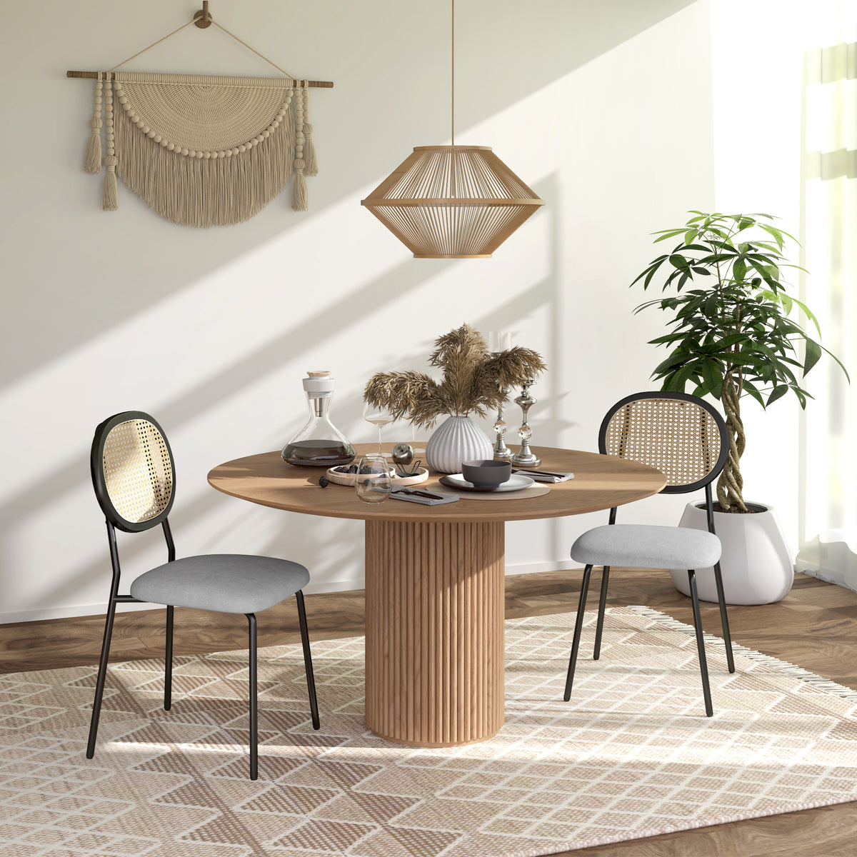 HOMCOM Set mit 2 Dining-Stühlen, Küchenstühle, Rattanrücken, atmungsaktiver Stoff, Stahlrahmen, 44 x 54 x 87 cm, Grau