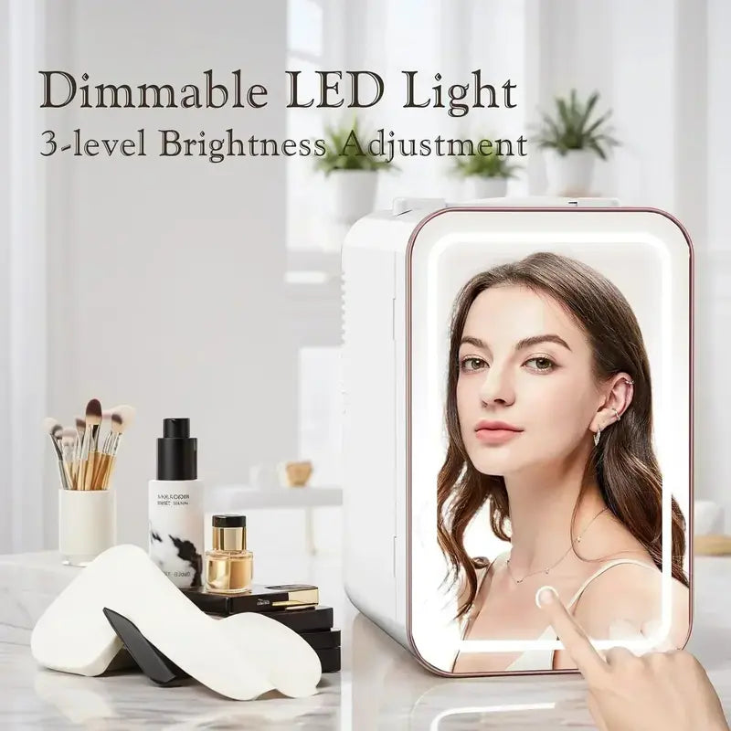 Skincare Mini Fridge – 6L Portable Beauty Cooler with Dimmable LED Mirror & 10-Can Capacity