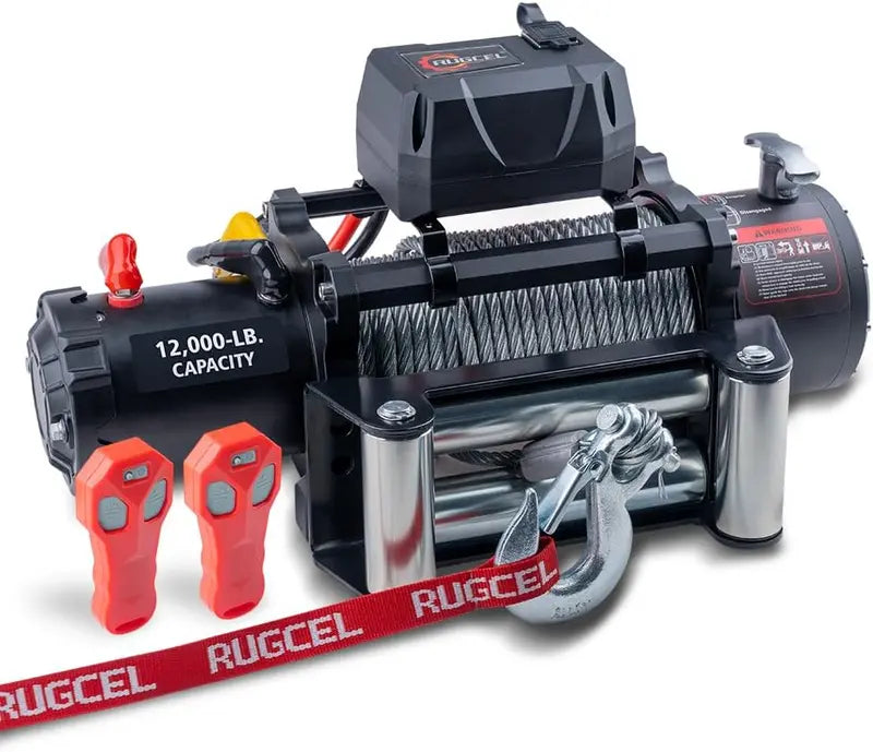 RUGCEL 12000lb Waterproof Electric Winch – 12V Black Steel Rope Winch with Dual Remote & Fairlead