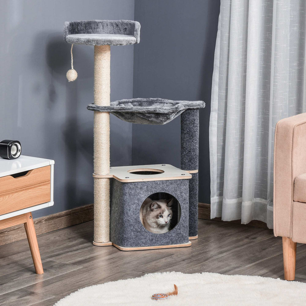 PawHut Kratzbaum für Katzen Hoch 95cm, Katzenbaum mit Mehreren Ebenen, Höhle, Hängematte, Spielball, Haus und Sisalseilen, 48x34x95cm, Grau