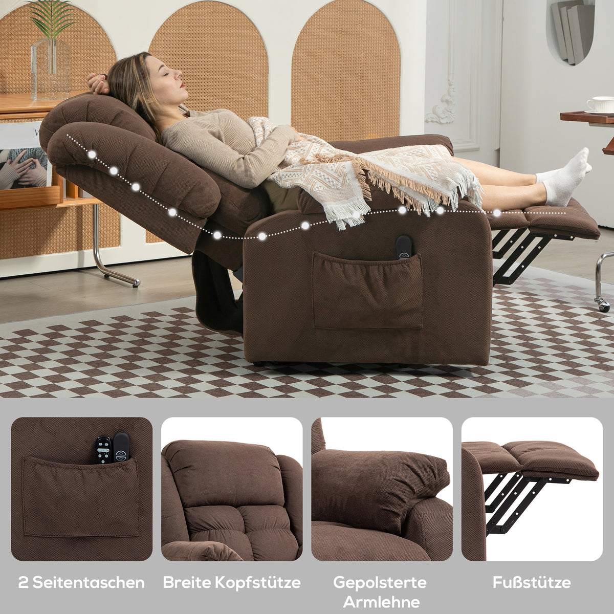 HOMCOM Aufstehsessel mit Massagefunktion und Lendenheizung, Recliner-Sessel mit Fernbedienungen und Seitentaschen, Dunkelbraun