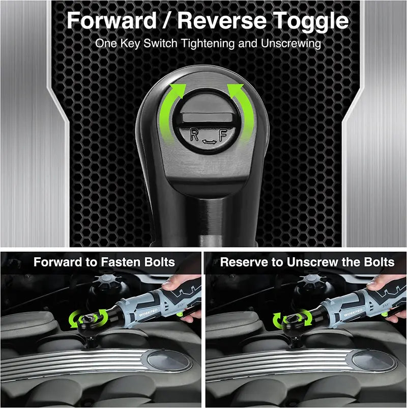 WORKPRO 12V Cordless Electric Ratchet Wrench – 3/8″ Drive, 40 Ft-lbs Torque, Includes 9-Piece Accessory Kit