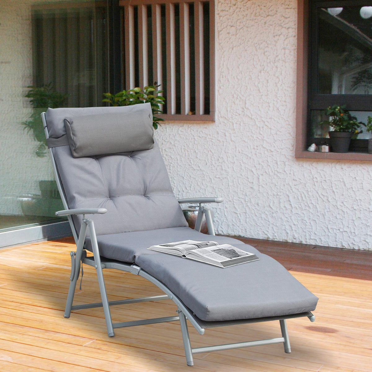 Outsunny Sonnenliege klappbar Strandliege mit Kopfkissen Sitzkissen Liegestuhl mit 7-Fach verstellbare Rückenlehne Gartenliege Relaxliege bis 165 kg belastbar, für Garten Urlaub Outdoor, Grau