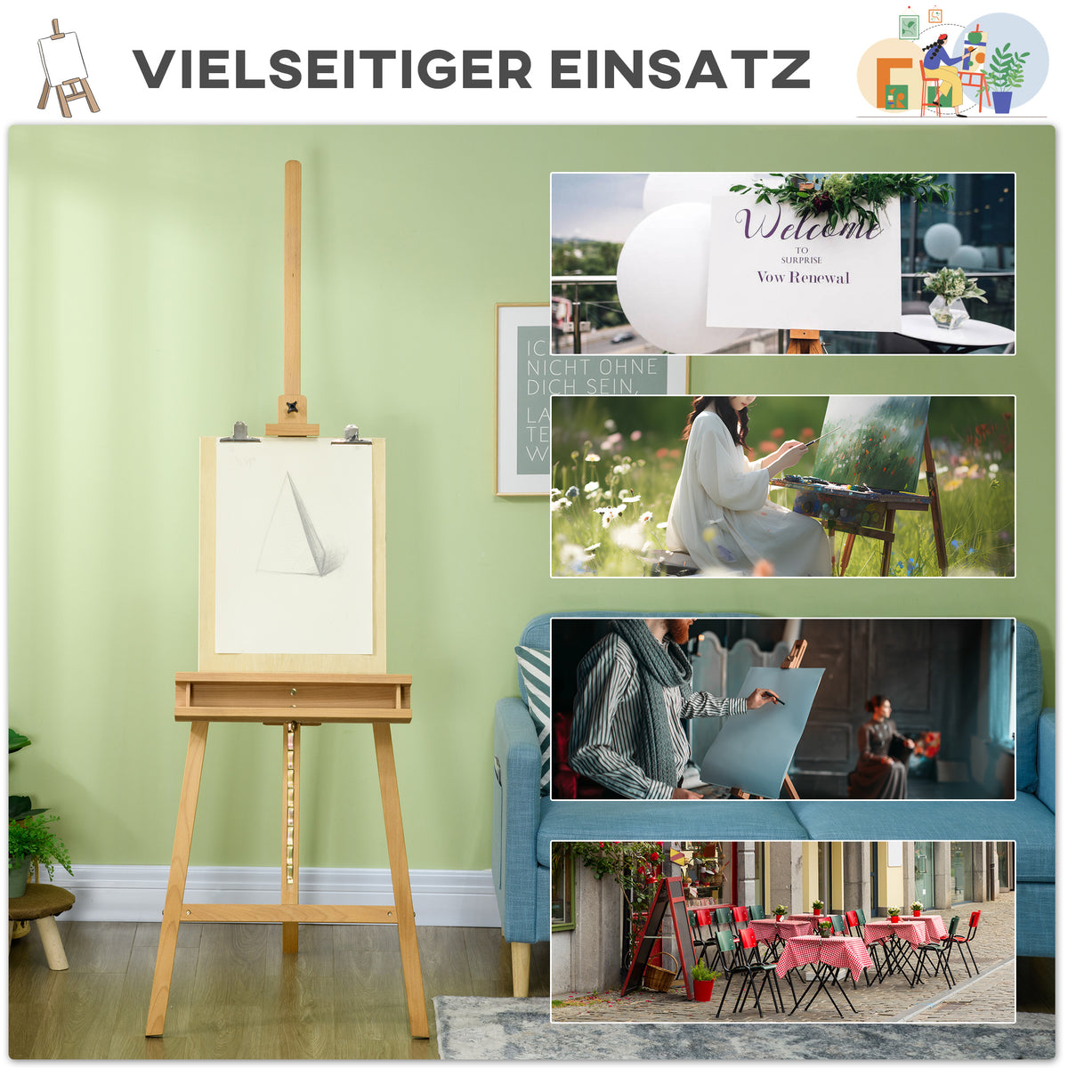 Vinsetto Staffelei, Holzstaffelei, höhenverstellbar, klappbar, Stiftablage, Buchenholz, 65 x 110 x 180-235 cm