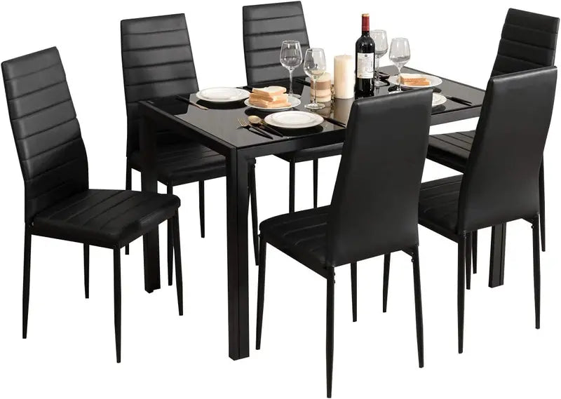 Sleek Black Rectangular Dining Set: Tempered Glass Tabletop with Leather-Padded Chairs—Metal Frame Design for Kitchens, Dinette Areas, and Small Dining Rooms