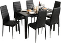 Sleek Black Rectangular Dining Set: Tempered Glass Tabletop with Leather-Padded Chairs—Metal Frame Design for Kitchens, Dinette Areas, and Small Dining Rooms