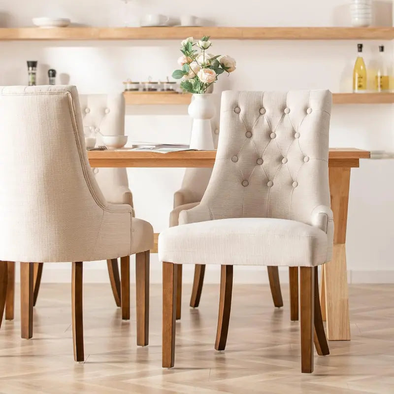 Wingback Fabric Dining Chair Set (2-Piece) – Tufted Beige Chairs for Dining Room, Kitchen, or Living Area