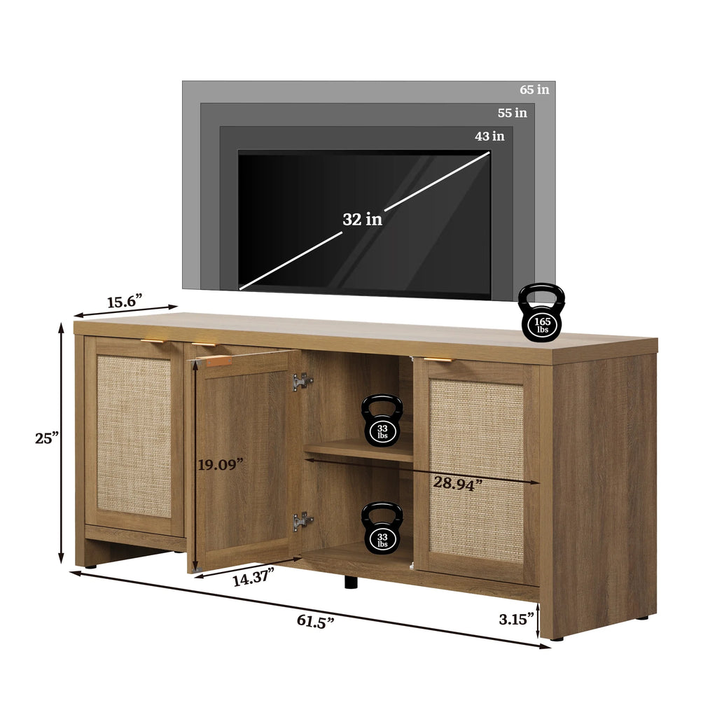 SICOTAS 61.5"w Rattan TV Stand with 4 Doors, Boho Entertainment Center with Adjustable Shelves & Spacious Countertop - Large Boho Farmhouse Media Console for Living Room, Reclaimed Caramel Oak
