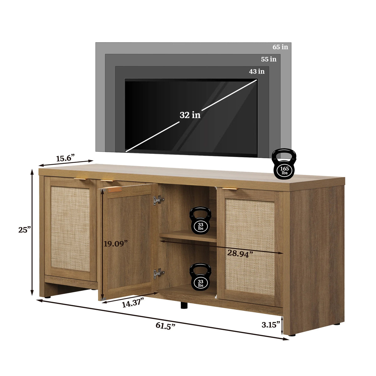 SICOTAS 61.5"w Rattan TV Stand with 4 Doors, Boho Entertainment Center with Adjustable Shelves & Spacious Countertop - Large Boho Farmhouse Media Console for Living Room, Reclaimed Caramel Oak