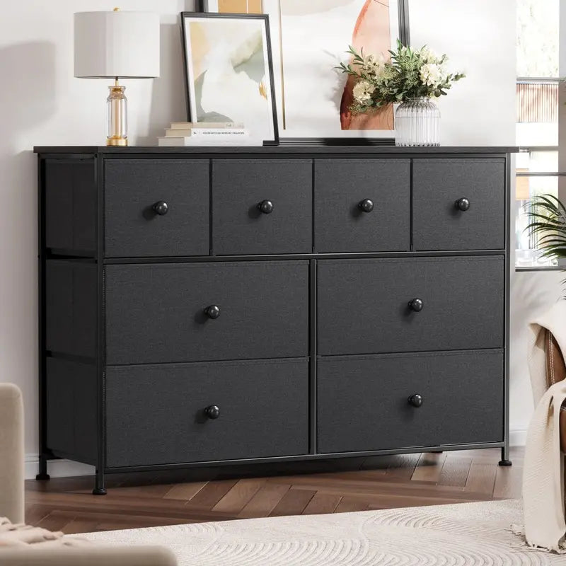 REAHOME 8 Drawer Dresser, Modern Bedroom Chest with Sturdy Steel Frame and Fabric Drawers, Dark Gray