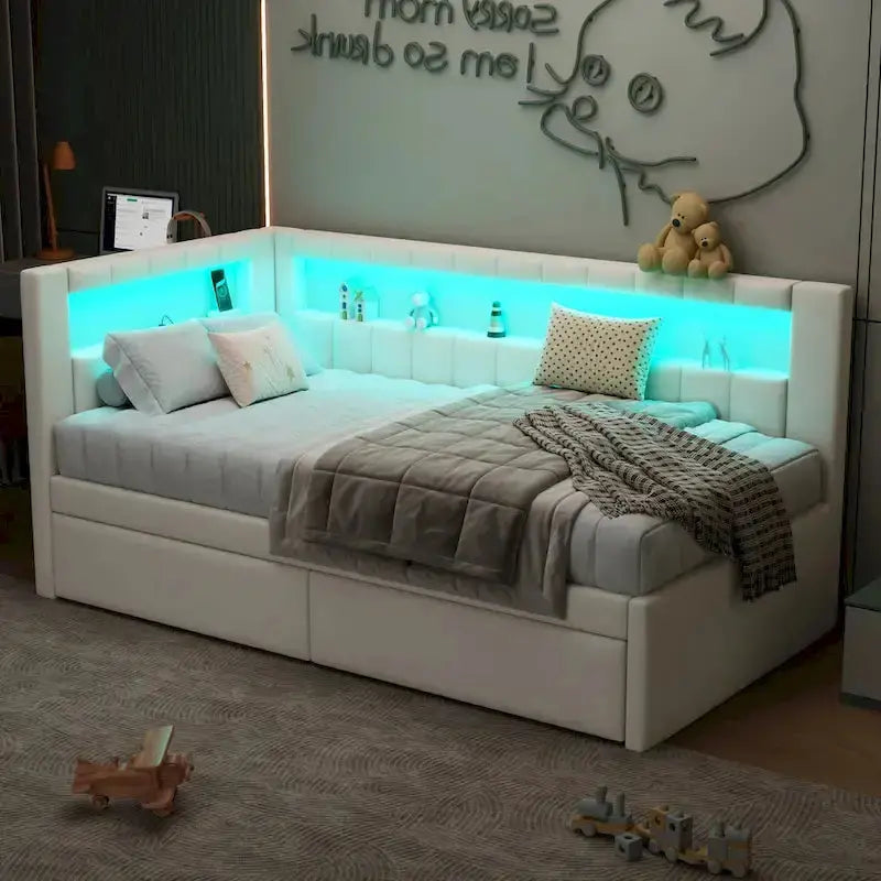 Modern Upholstered Platform Bed Frame – Full or Twin Size with Built-in USB Ports, LED Lighting, and Dual Storage Drawers