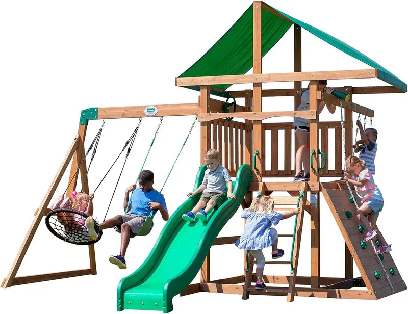 Wooden Mountain-Themed Swing Set – Includes Canopy Shade, Wave Slide, Rope & Net Swings, Rock Wall, Ladders & Steering Wheel