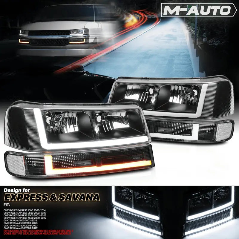 Set of 4 LED Running Light Bars (L+R) with Black Headlights & Bumper Signals – Direct-Fit Upgrade for 2003–2023 Chevrolet Express Vans