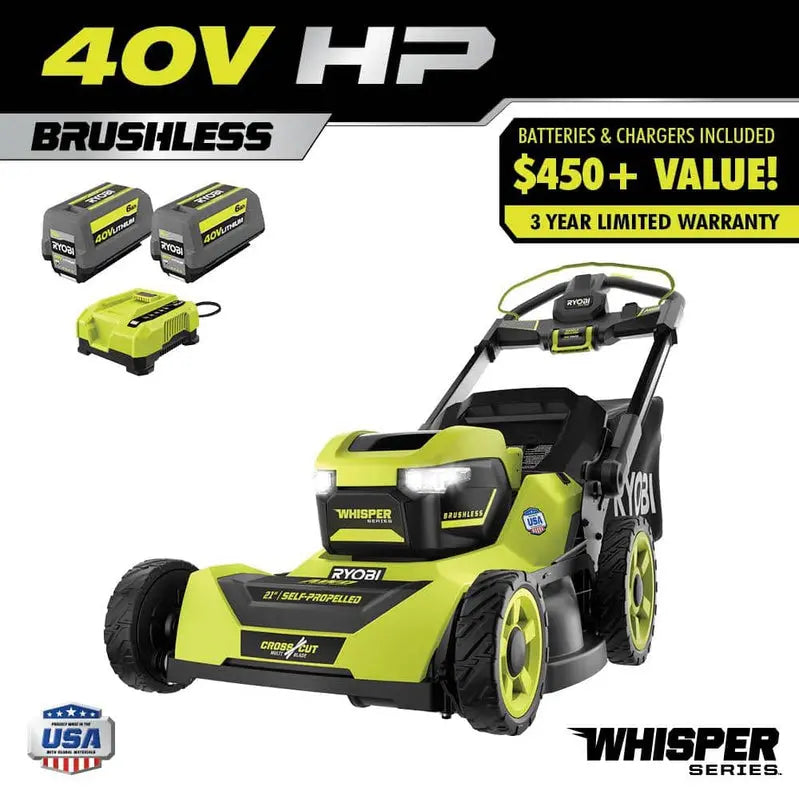 Ryobi 40V HP Self-Propelled AWD Lawn Mower – 21-Inch Whisper Series Cordless Mower with Two 6.0Ah Batteries & Charger