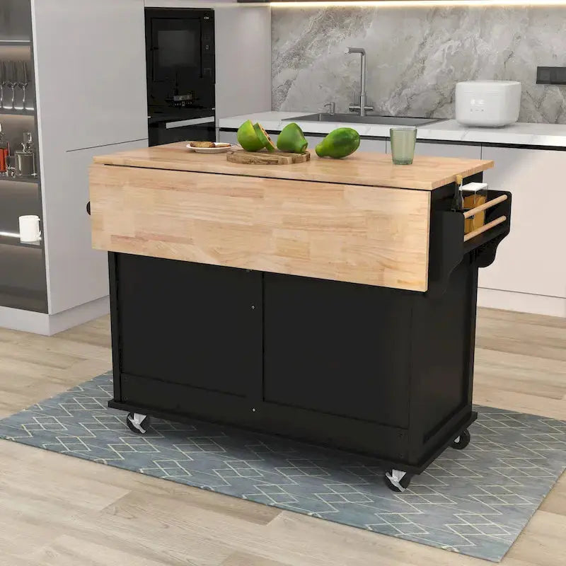 Rubberwood Kitchen Island Cart – Drop-Leaf Countertop, Concealed Barn Door Storage, and 4 Locking Casters