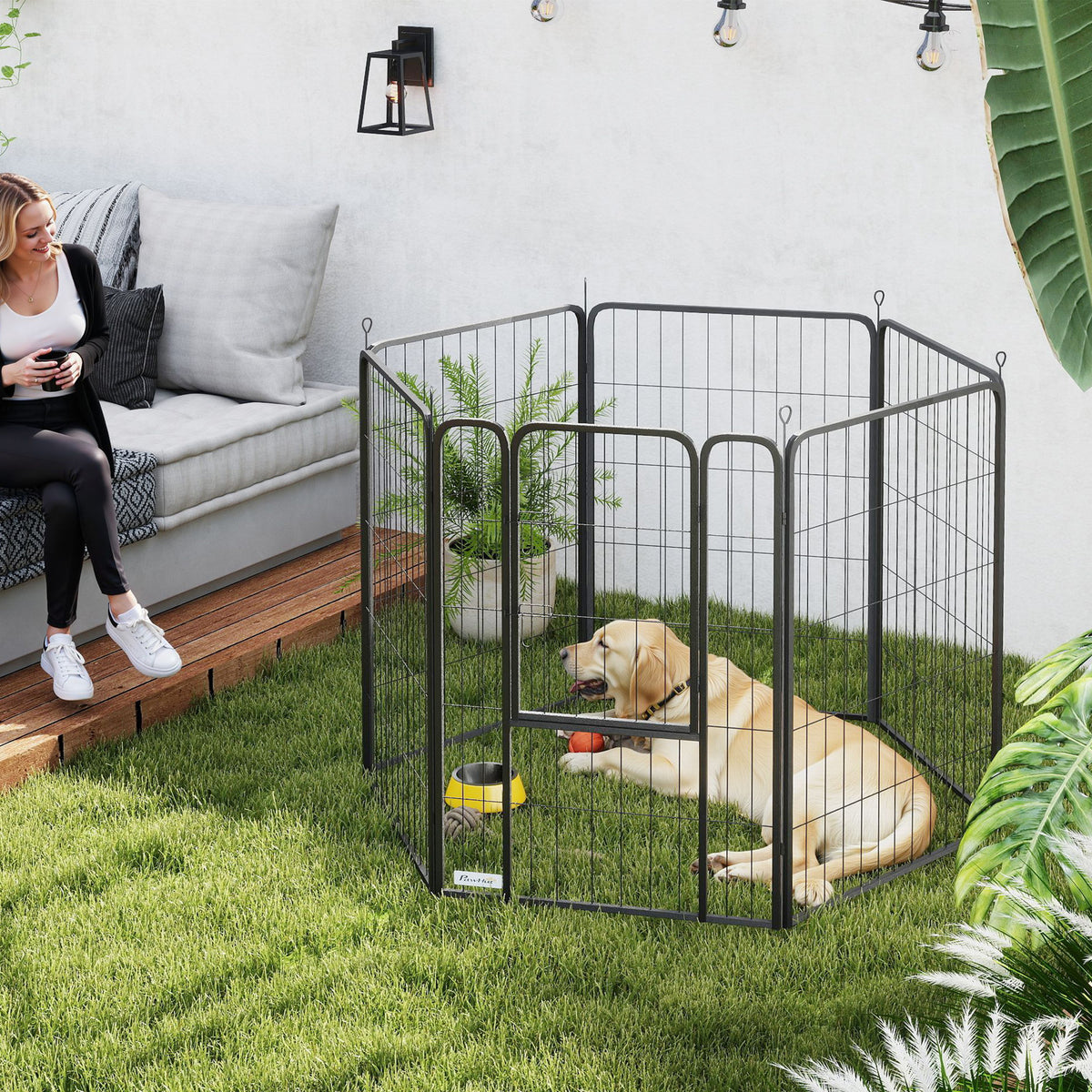 PawHut Laufstall für Hunde mit 6 Paneelen, robust, mit sicherer Tür, für drinnen und draußen, für Garten, Camping, 100 cm hoch
