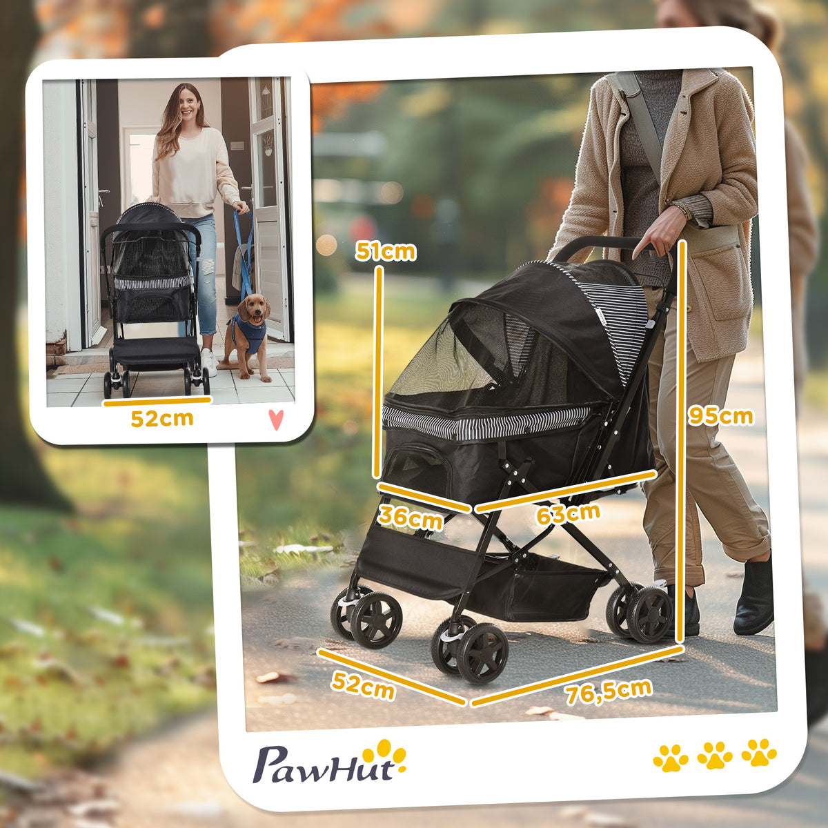 PawHut Hundebuggy Hundewagen Buggy für kleine Hunde und Katzen Haustierwagen Pet Stroller Katzenbuggy Oxford Schwarz 76,5 x 52 x 95 cm