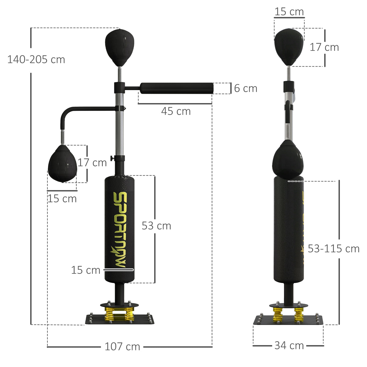 SPORTNOW Boxstand, zwei Speedballs, drehbare Boxstange, Kickpolster, höhenverstellbar, Stahl, 107 x 36 x 140-205 cm, Schwarz