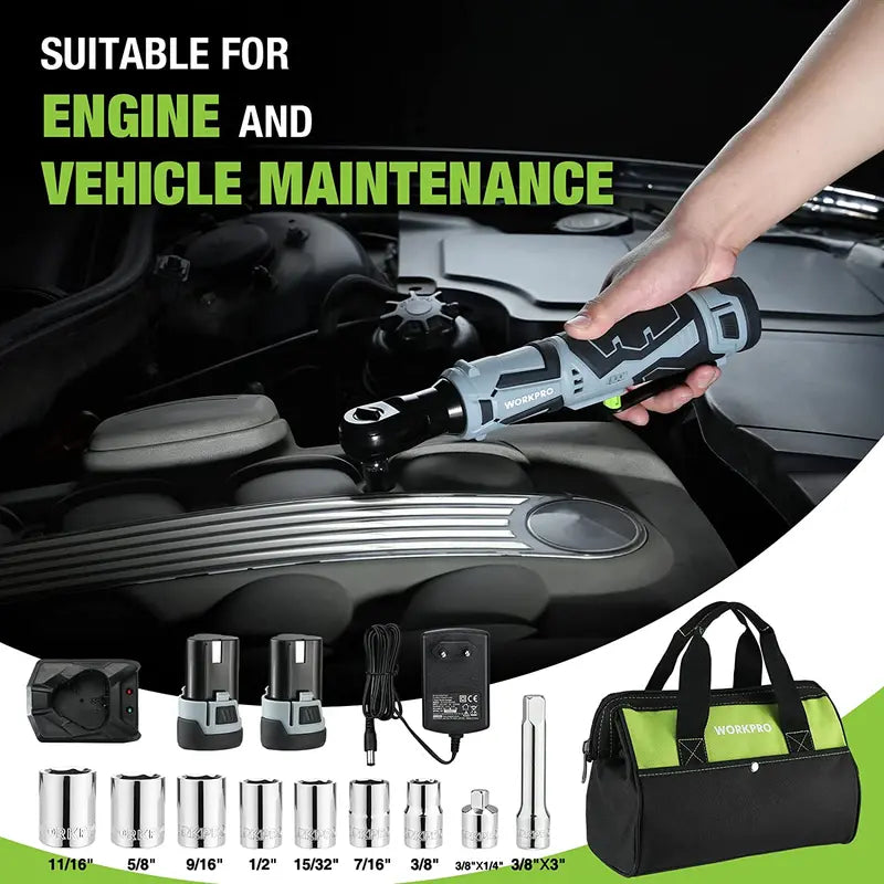 WORKPRO 12V Cordless Electric Ratchet Wrench – 3/8″ Drive, 40 Ft-lbs Torque, Includes 9-Piece Accessory Kit