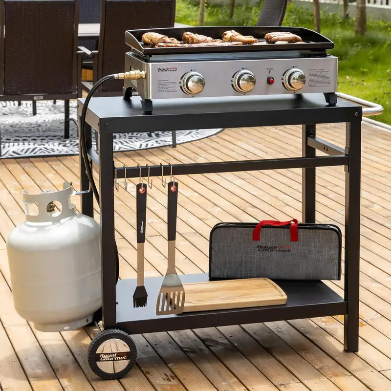 Royal Gourmet Stainless Steel Mobile Dining Cart with Double Shelves, Hooks & Side Handle – Multifunctional Grill Stand (PC3401B, Black)