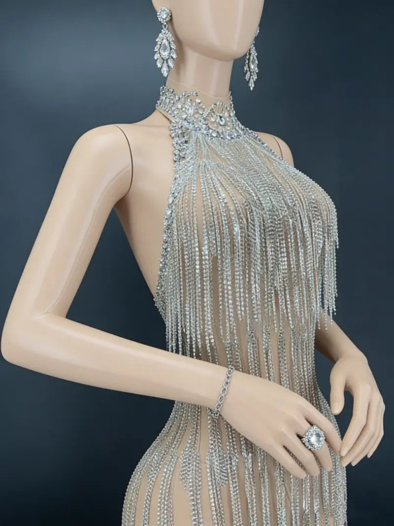 Silver Rhinestone-Fringe Halter Mini Dress with Open Back for Night-Out Styling