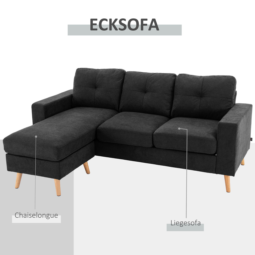 HOMCOM 3-Sitzer-Sofa Sofa Couch Ecksofa, mit Chaiselongue, Knopfheftung, 193 x136 x 85 cm, Schwarz