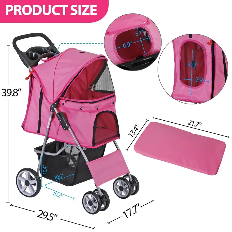 ZENY 4 Wheel Foldable Dog Pet Stroller – Pink