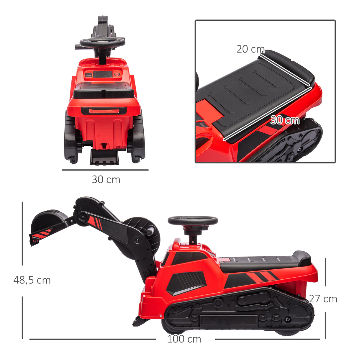 HOMCOM 3-in-1 Aufsitzbagger für Kinder 1,5 bis 4 Jahre, Musikfunktion, Schwarz/Rot
