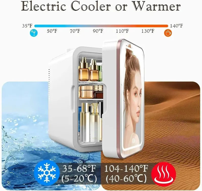 Skincare Mini Fridge – 6L Portable Beauty Cooler with Dimmable LED Mirror & 10-Can Capacity