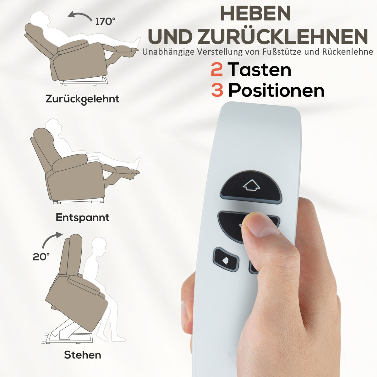 HOMCOM Massagesessel mit Aufstehfunktion, 8 Vibrationsmassagepunkte, Elektrischer Polstersessel mit 2 Fernbedienungen Hellbraun