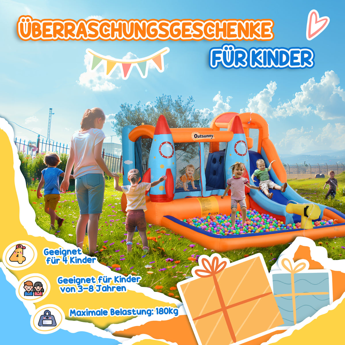 Outsunny Aufblasbare Hüpfburg inkl. Gebläse, Flicken und Befestigungsmaterial, 350 cm x 250 cm x 185 cm, Mehrfarbig