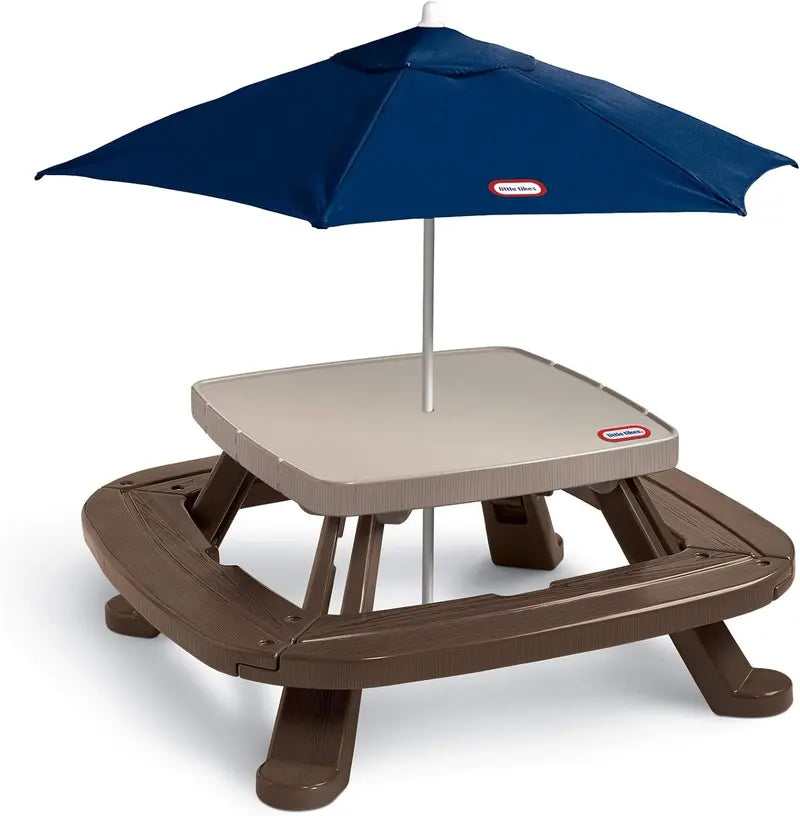 Outdoor Picnic Table Set with Integrated Market Umbrella – Classic Brown Finish