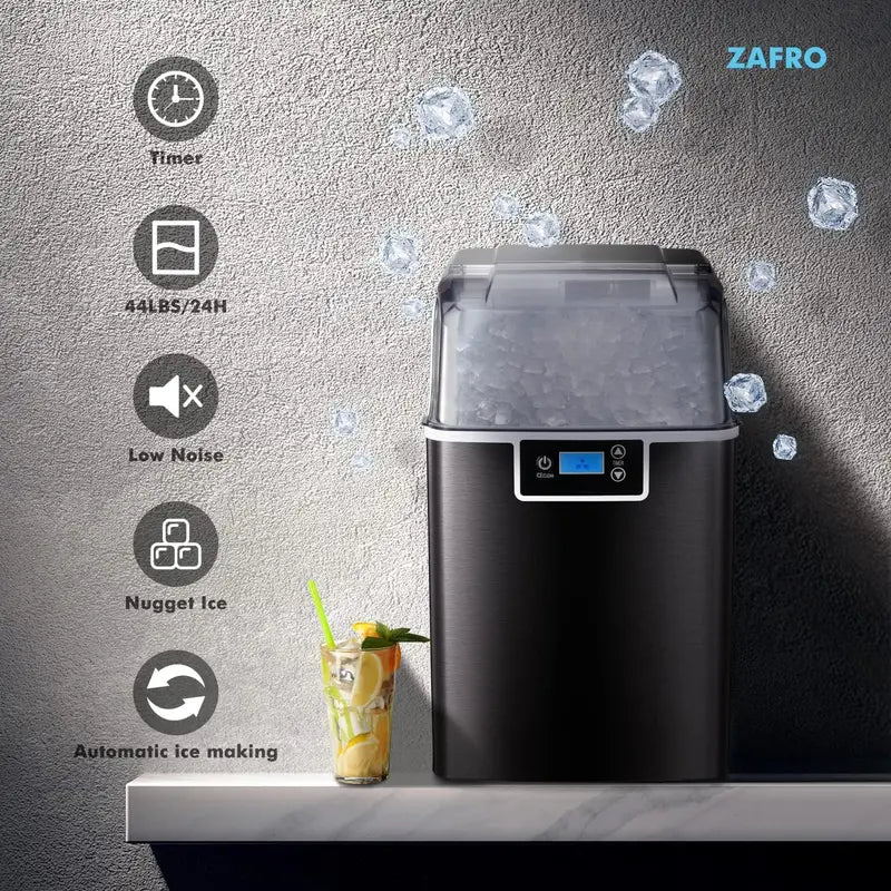 ZAFRO Nugget Ice Makers Countertop with Soft & Chewable Pellet Ice Portable Self-Cleaning Compact Ice Machine 44Lbs/24H with Ice Scoop and Basket