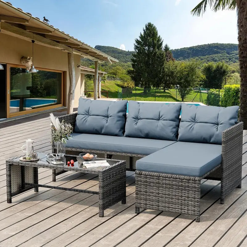 Shintenchi 3-Piece Blue-Gray All-Weather Wicker Patio Set with Glass Table & Cushions