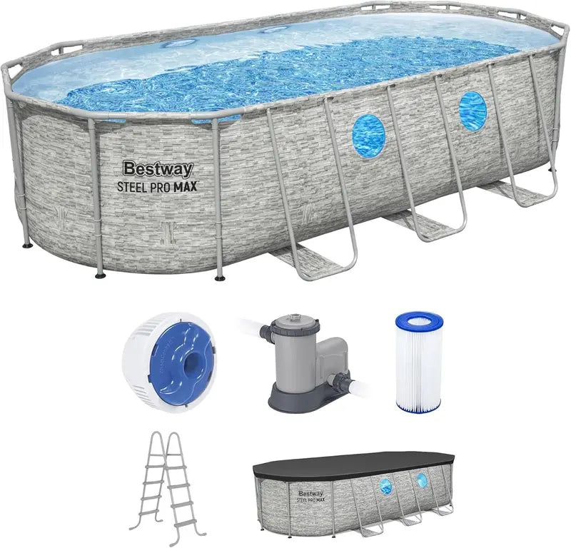 Power Steel Swim Vista II Above-Ground Pool – 14′ x 8'2″, 39.5″ Depth, Includes Filter Pump, Ladder & Pool Cover