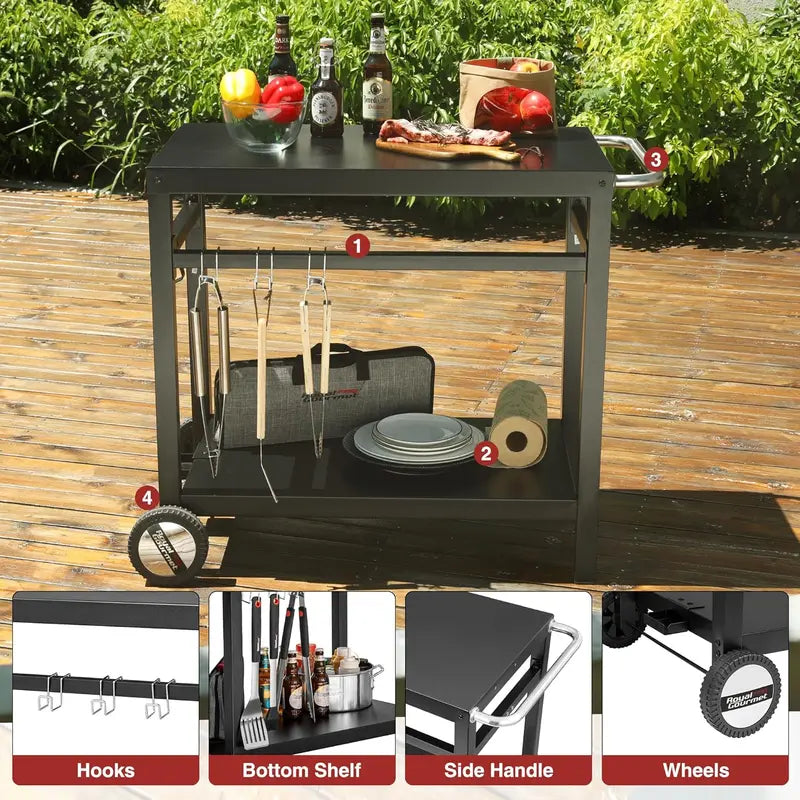 Royal Gourmet Stainless Steel Mobile Dining Cart with Double Shelves, Hooks & Side Handle – Multifunctional Grill Stand (PC3401B, Black)