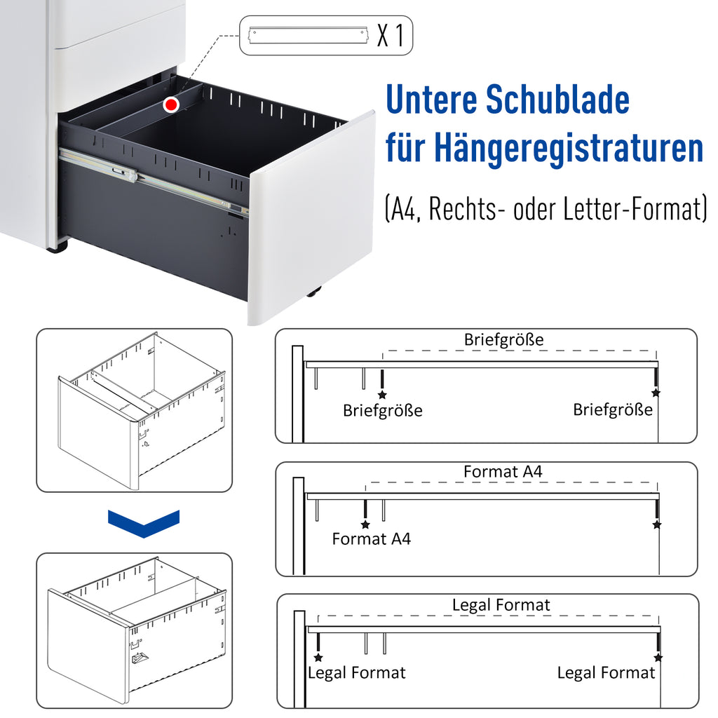 Vinsetto Rollcontainer, mobiler Aktenschrank mit 3 Schubladen, abschließbarer Büroschrank mit Hängeregistratur, Aufbewahrung, Stahl, 39 x 48 x 59 cm Weiß